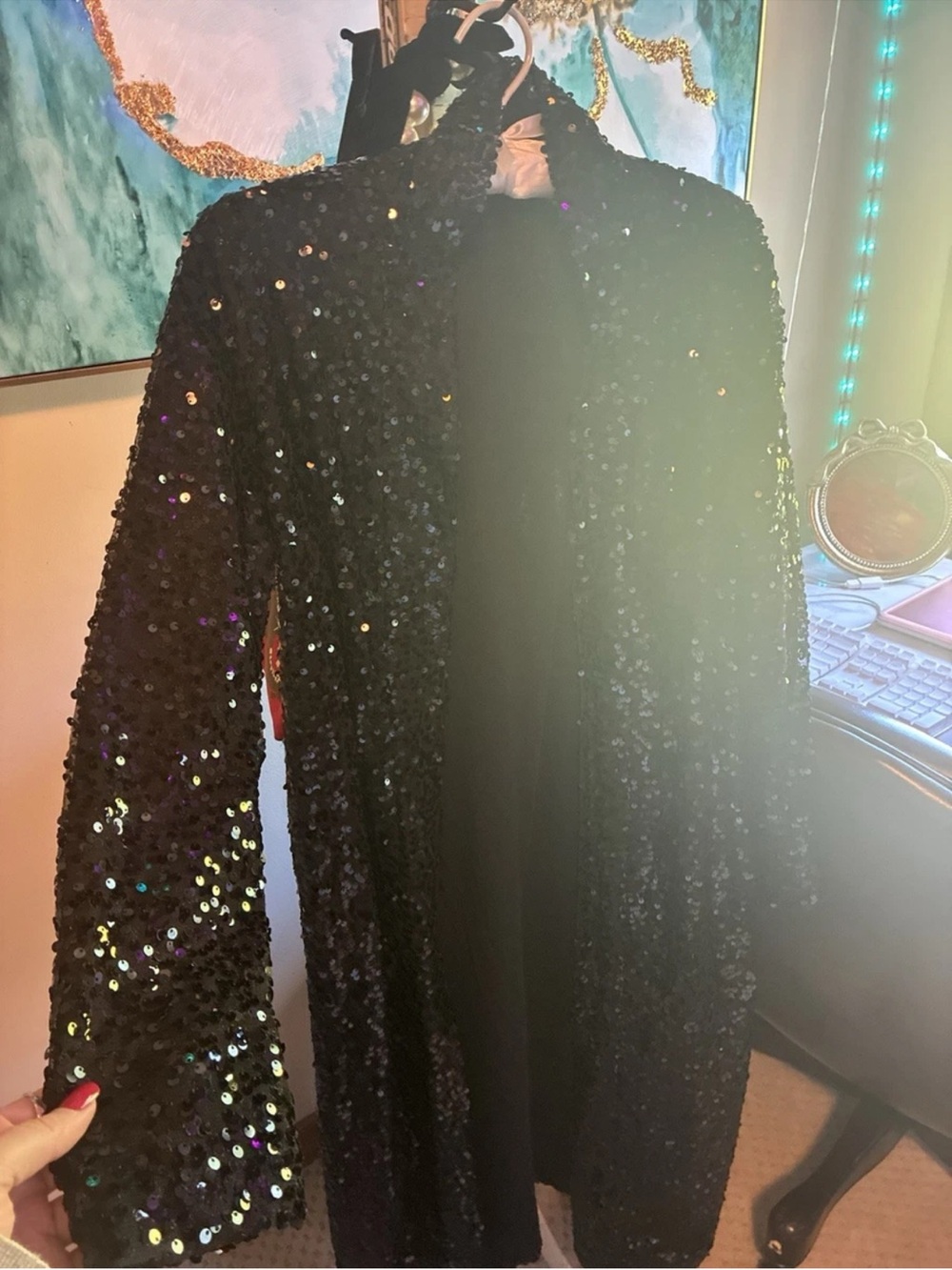 Black Sequin Open-Front Women's Dress Jacket/ Duster Coat Glam Party